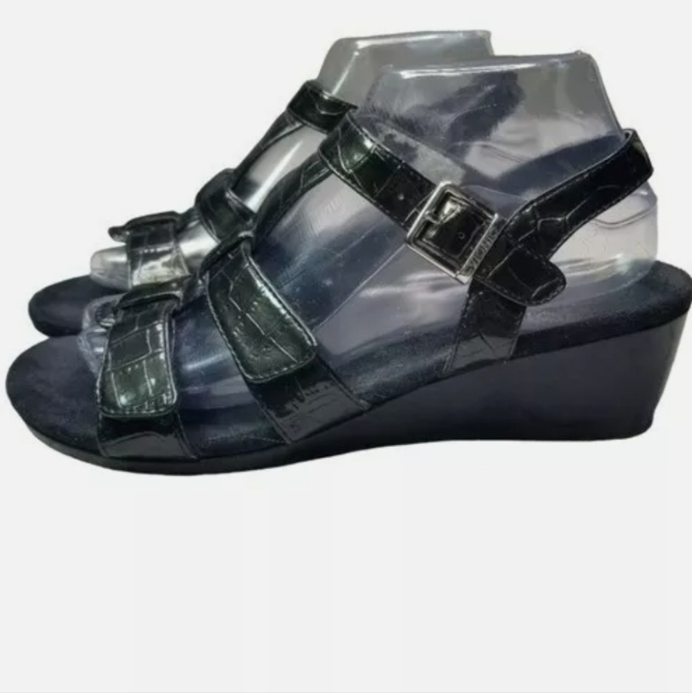Vionic Black Patent Wedge Sandals